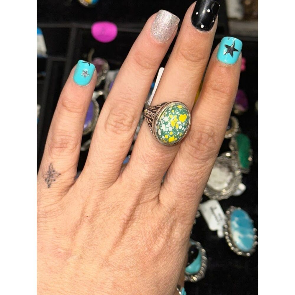 Yellow/Green Turquoise Sterling Silver Overlay Ring Size 8